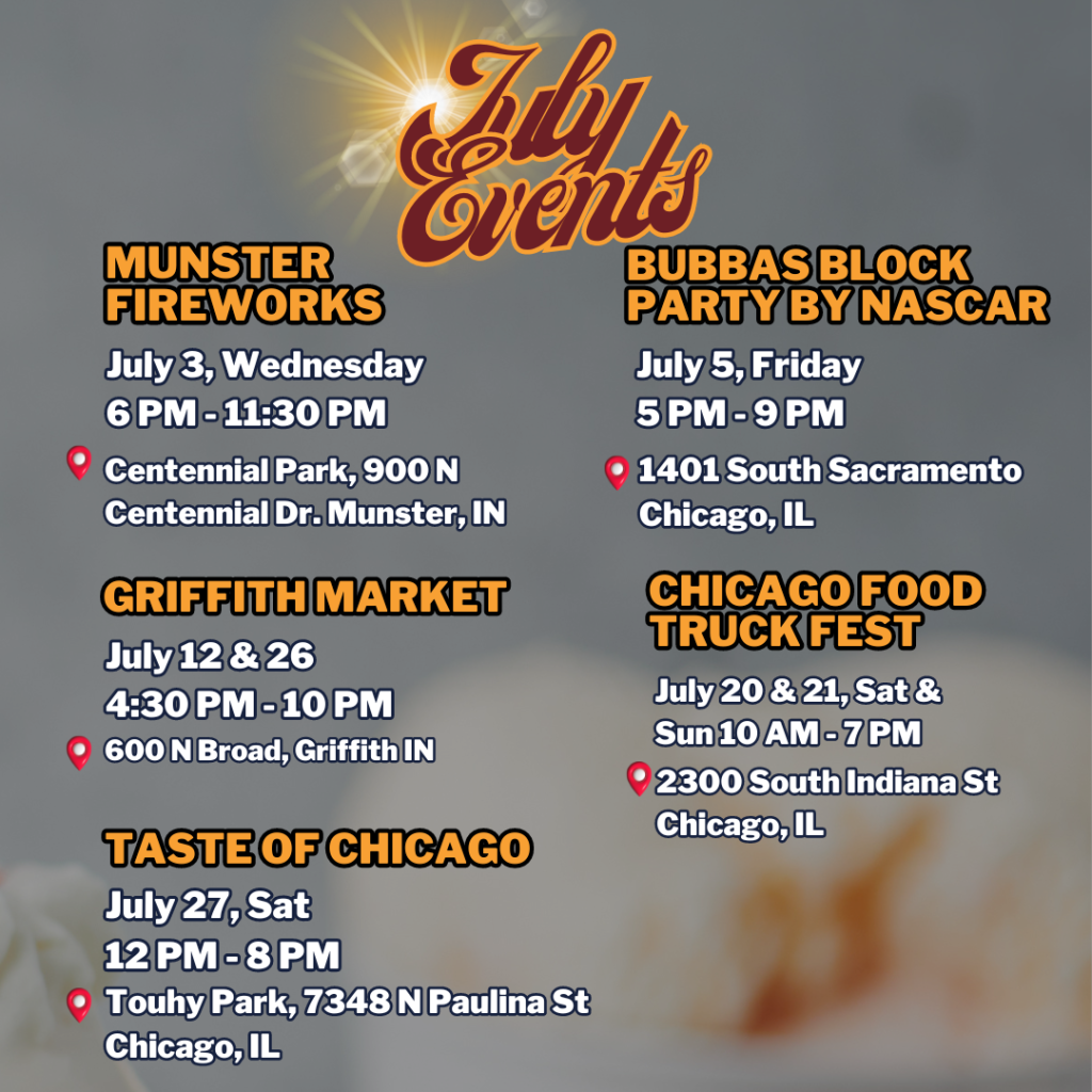 A flyer with all of Decadent Flavor's July selling events.